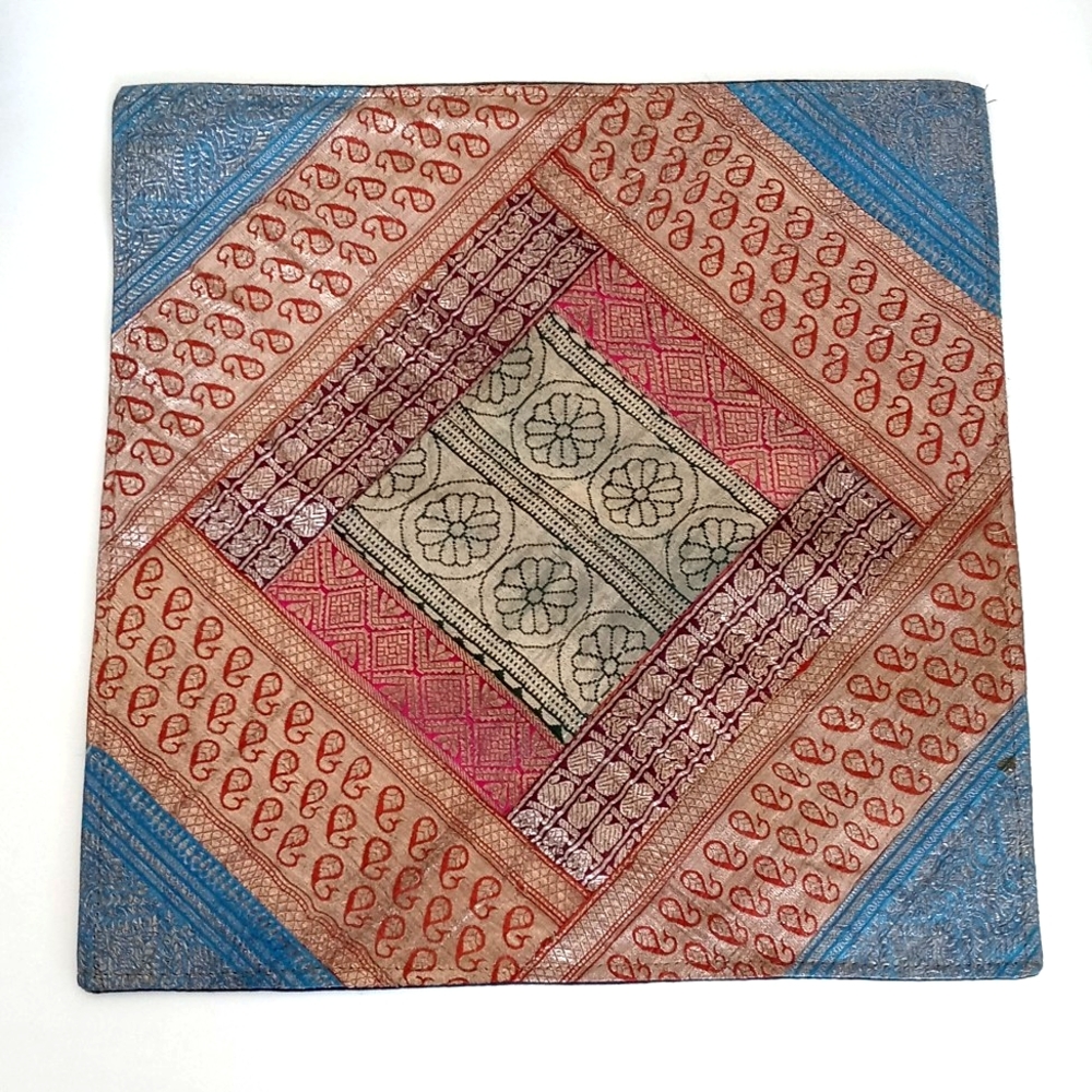 Gorgeous Vintage Silk Batik Patchwork Pillow Sham Iridescent Blue Orange Greens